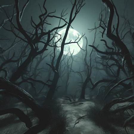 Halloween background with scary spooky forest and full moon - 3d renderの素材