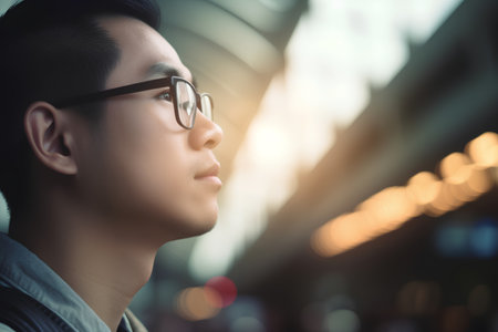 Portrait of Asian young man with eyeglasses in the city.の素材