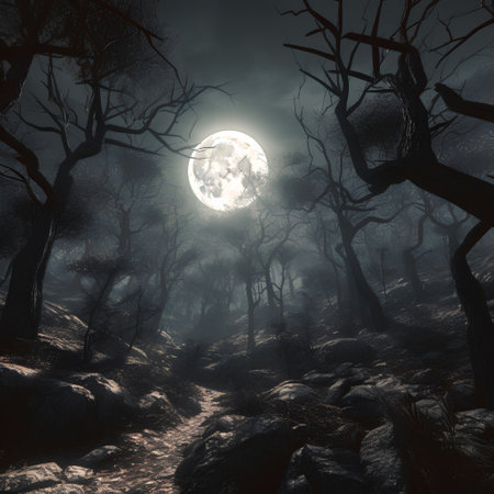 Halloween background with full moon in the forest. 3D renderの素材