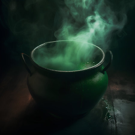 green cauldron with boiling water and smoke on a dark wooden backgroundの素材