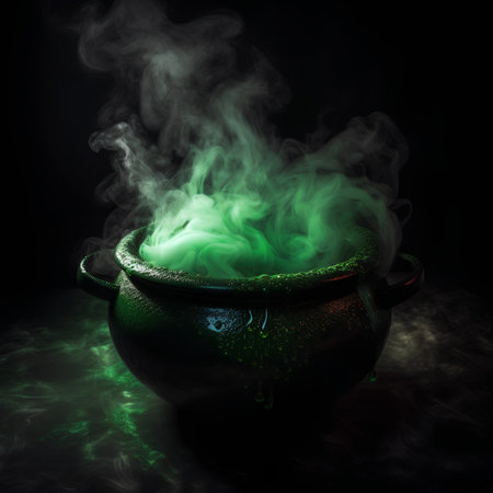 green potion in a cauldron on a dark background with green smokeの素材