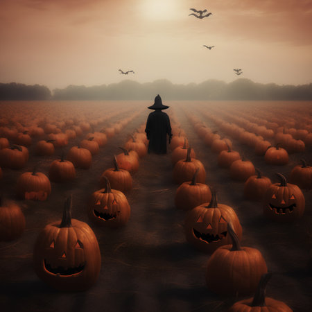 Scary halloween background with a witch in a pumpkin fieldの素材