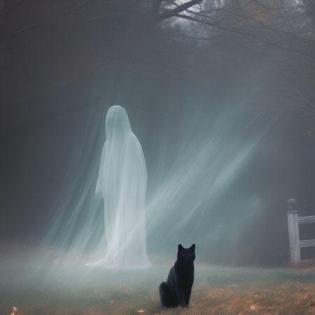 ghost and black cat in a foggy forest with light coming from aboveの素材