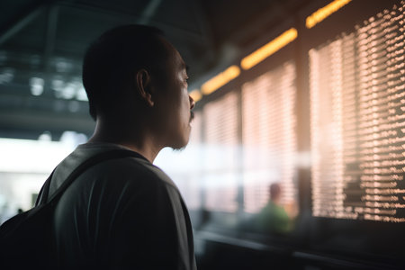 Young Asian man in international airport terminal looking at flight information board.の素材