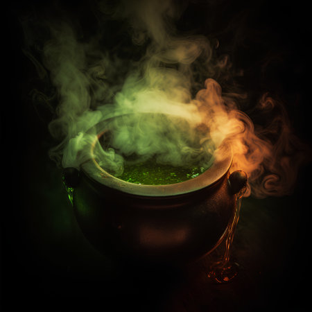 Witch's cauldron with green potion and green smoke on black backgroundの素材