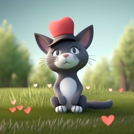 Cute cat in a red hat sitting on the grass with heartsの素材