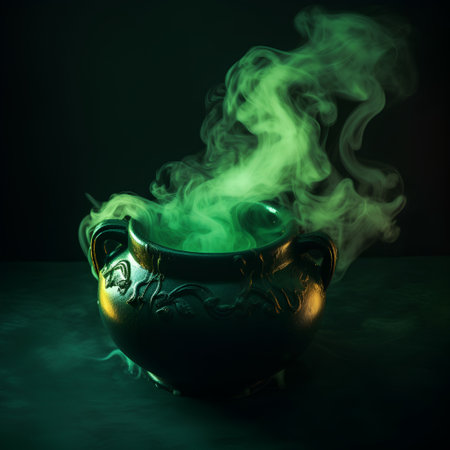 Pot of incense with green smoke on a black background. Studio shot.の素材