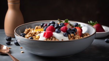 Healthy breakfast with muesli, berries and yogurt on dark backgroundの素材
