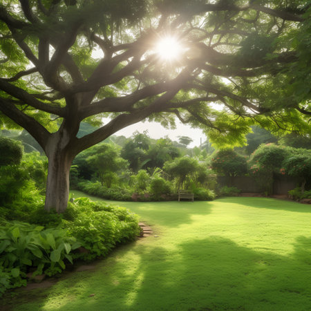 Beautiful green garden in the morning with sunbeams and lens flareの素材