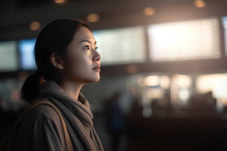 Asian woman in the lobby of a modern office building in the eveningの素材