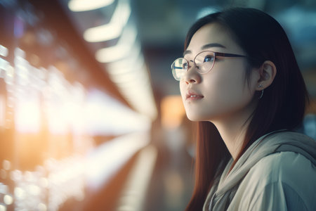 portrait of asian woman in shopping mall with bokeh backgroundの素材