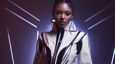 Fashionable african american woman posing in studio with neon lights.の素材