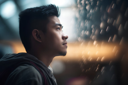 Portrait of young asian man looking to the side in the rainの素材