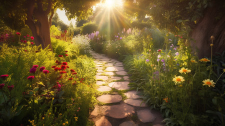 Garden stone path with flowers and sun rays. Summer landscape.の素材