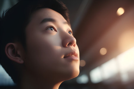 Portrait of young asian man looking up at the sky.の素材