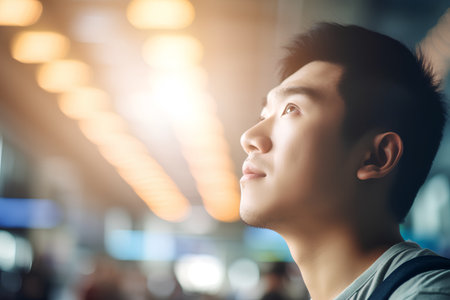 Portrait of handsome young asian man looking away in the airportの素材