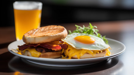 Cheese burger - American cheese burger with bacon and egg on wood tableの素材
