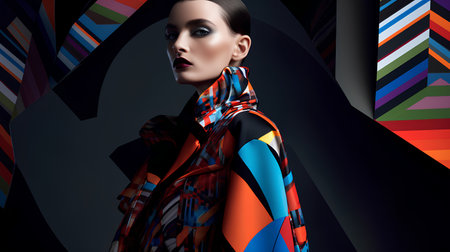 Fashion shot of a beautiful woman in a colorful coat. Beauty, fashion.の素材
