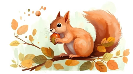 Illustration of a squirrel eating an acorn on a branch with leavesの素材