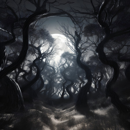 Halloween dark forest with full moon in the sky, 3d renderの素材