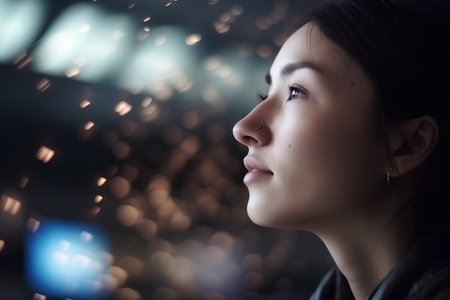 Portrait of young beautiful asian woman with bokeh backgroundの素材
