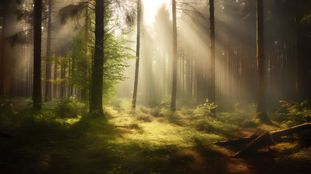 Mysterious forest in the rays of the morning sun and fogの素材