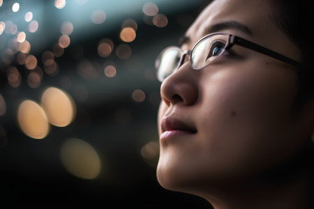 Portrait of young Asian woman wearing eyeglasses with bokeh backgroundの素材