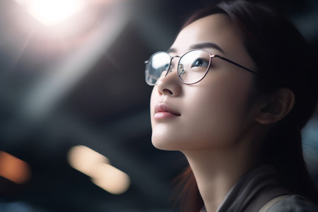 Portrait of a beautiful asian woman with eyeglasses in the nightの素材