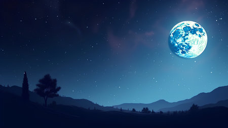 Night landscape with moon and silhouette of trees on the background of mountainsの素材