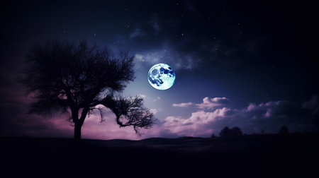Night landscape with full moon and tree, 3d render, square imageの素材
