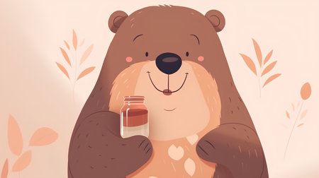 Vector illustration of a cute bear holding a bottle of medicine in his handの素材