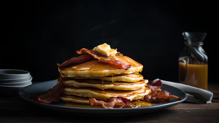 Pancakes with bacon and maple syrup on wooden table, selective focusの素材