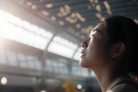 Portrait of a beautiful young asian woman in international airport.の素材