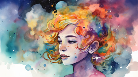 Watercolor portrait of a beautiful girl with colorful hair. Hand drawn illustrationの素材