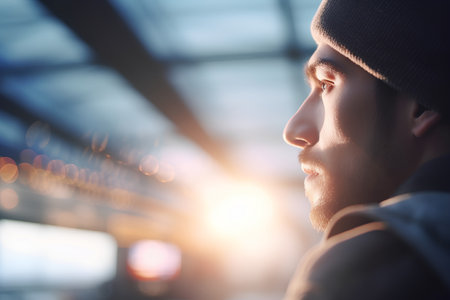 Portrait of a young man on the background of the city.の素材