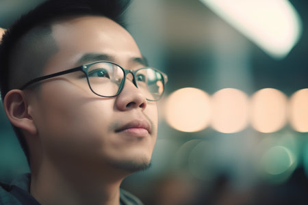 Portrait of young Asian man with eyeglasses in coffee shopの素材