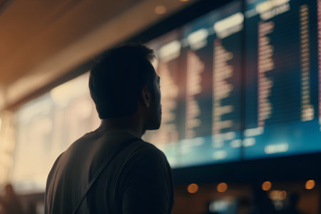 Rear view of a young businessman looking at the flight information boardの素材