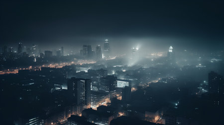 Aerial view of skyscrapers in a foggy night.の素材