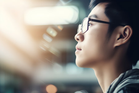 Portrait of a handsome Asian man in eyeglasses looking awayの素材