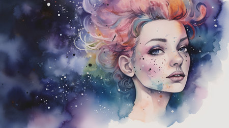 Watercolor portrait of a beautiful young woman with creative hairstyle.の素材