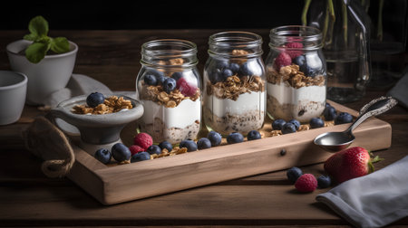 Greek yogurt with granola and berries in glass jars on wooden backgroundの素材