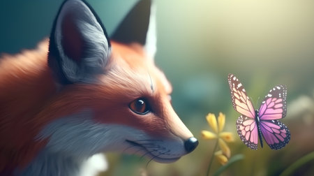 Close-up of a fox with butterfly on the background of flowersの素材