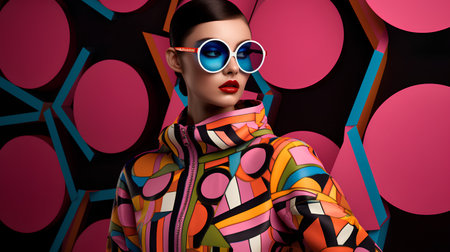 Fashion shot of a beautiful woman in a colorful coat and sunglasses. Beauty, fashion. Optics.の素材