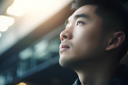Portrait of young handsome asian man looking away. Close upの素材