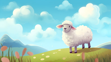 Sheep on the meadow. Vector illustration in cartoon style.の素材