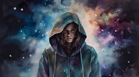 Surreal painting of a girl in a raincoat with a hood.の素材