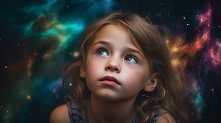 Portrait of a little girl against the background of outer space.の素材