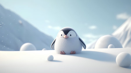 Penguin in the snow. 3d illustration. Christmas background.の素材