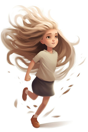 3d rendering of a cute little girl running away from the windの素材