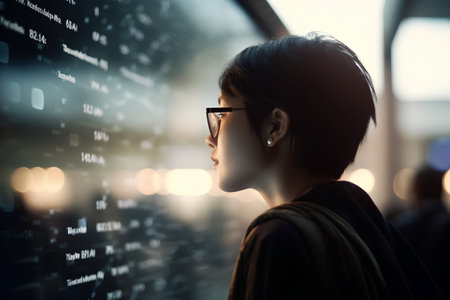 woman looking at stock market data on a digital screen in the eveningの素材